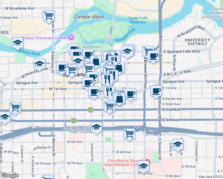map of restaurants, bars, coffee shops, grocery stores, and more near 401 West 1st Avenue in Spokane