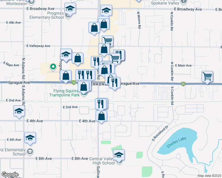 map of restaurants, bars, coffee shops, grocery stores, and more near 15614 East Sprague Avenue in Spokane Valley