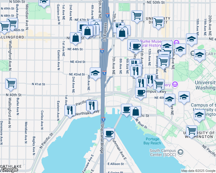 map of restaurants, bars, coffee shops, grocery stores, and more near 4034 Pasadena Place Northeast in Seattle