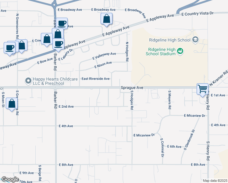 map of restaurants, bars, coffee shops, grocery stores, and more near 19308 East Sprague Avenue in Spokane Valley