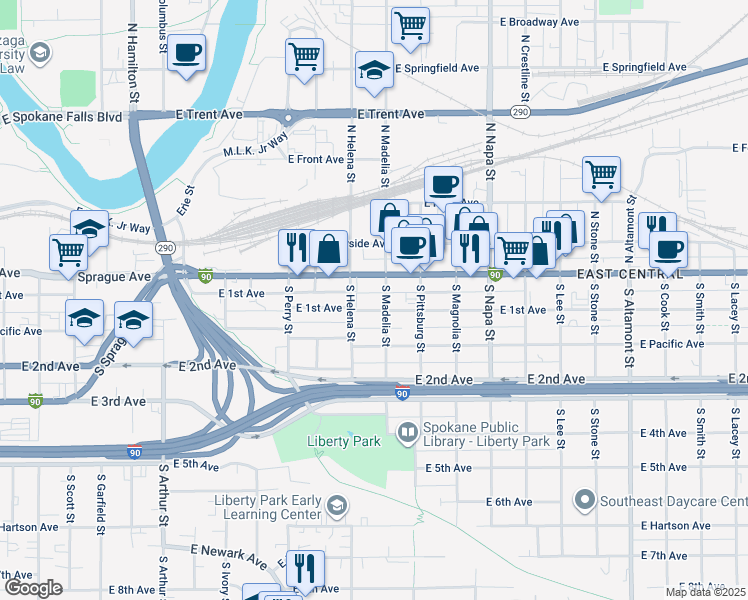map of restaurants, bars, coffee shops, grocery stores, and more near in Spokane