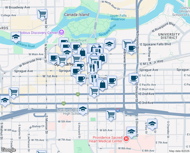 map of restaurants, bars, coffee shops, grocery stores, and more near 401 West 1st Avenue in Spokane