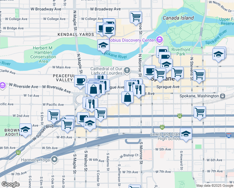 map of restaurants, bars, coffee shops, grocery stores, and more near 108 South Jefferson Street in Spokane
