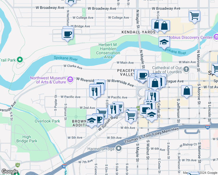 map of restaurants, bars, coffee shops, grocery stores, and more near 1818 West 1st Avenue in Spokane