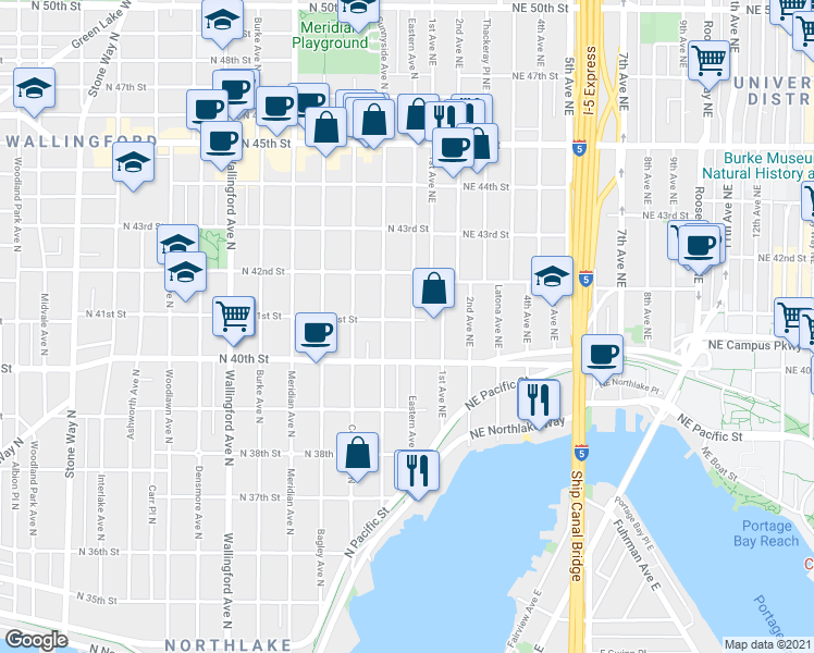 map of restaurants, bars, coffee shops, grocery stores, and more near 2413 North 41st Street in Seattle