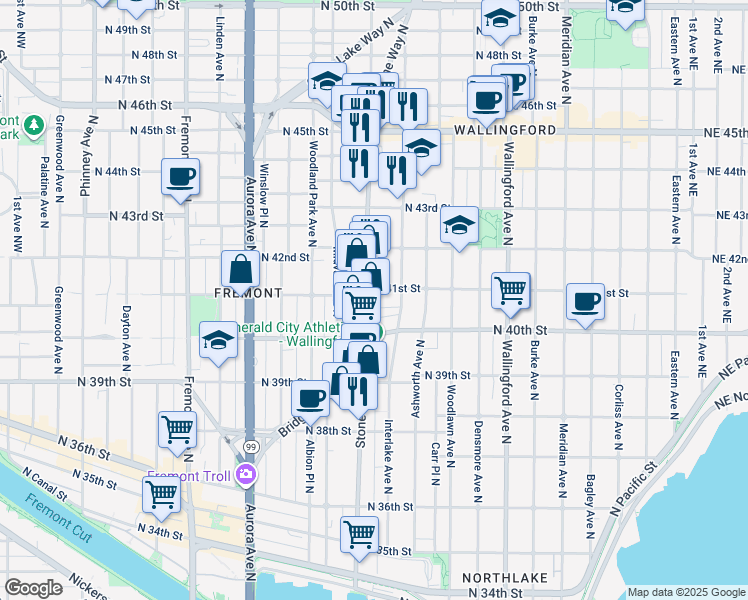 map of restaurants, bars, coffee shops, grocery stores, and more near 1317 North 41st Street in Seattle