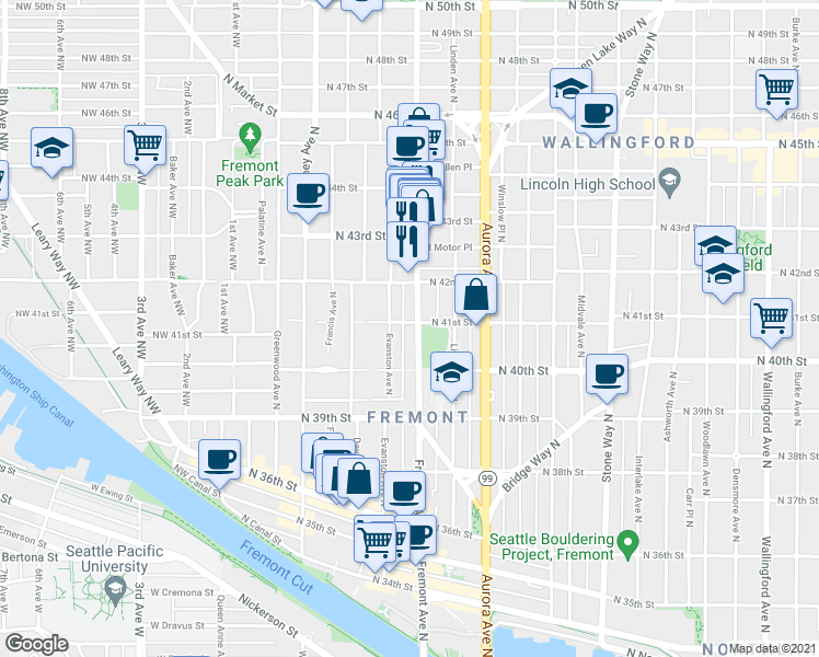 map of restaurants, bars, coffee shops, grocery stores, and more near 611 North 41st Street in Seattle