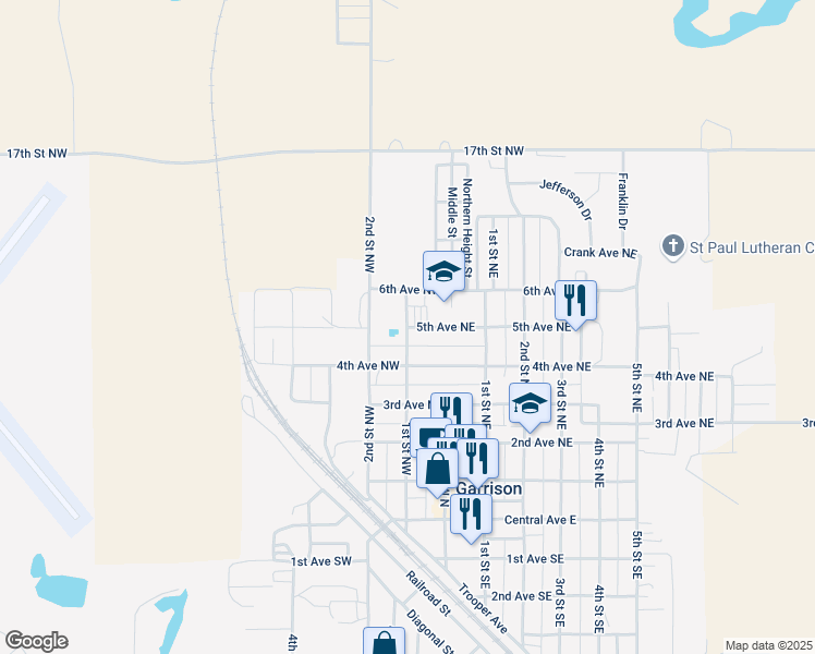 map of restaurants, bars, coffee shops, grocery stores, and more near 2 5th Avenue Northwest in Garrison