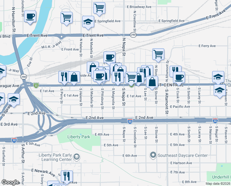 map of restaurants, bars, coffee shops, grocery stores, and more near 1901 East 1st Avenue in Spokane