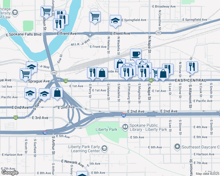 map of restaurants, bars, coffee shops, grocery stores, and more near 1603 East 1st Avenue in Spokane