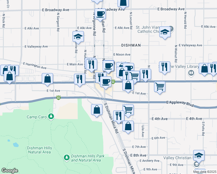 map of restaurants, bars, coffee shops, grocery stores, and more near 9208 East Sprague Avenue in Spokane Valley