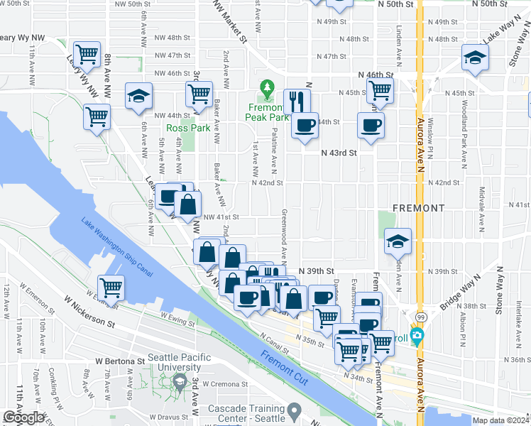 map of restaurants, bars, coffee shops, grocery stores, and more near 118 North 41st Street in Seattle