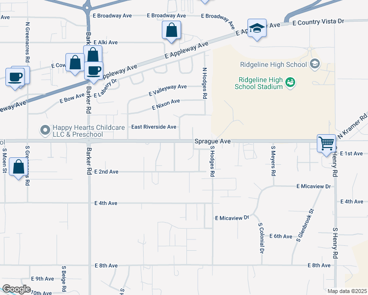 map of restaurants, bars, coffee shops, grocery stores, and more near 19308 East Sprague Avenue in Spokane Valley