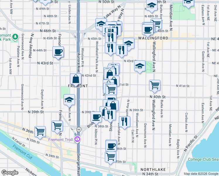 map of restaurants, bars, coffee shops, grocery stores, and more near 1211 North 41st Street in Seattle