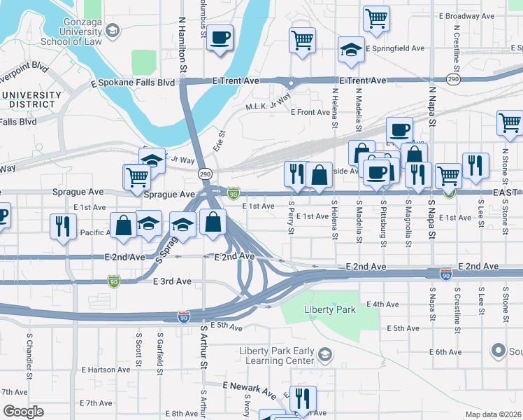 map of restaurants, bars, coffee shops, grocery stores, and more near 1216 East 1st Avenue in Spokane