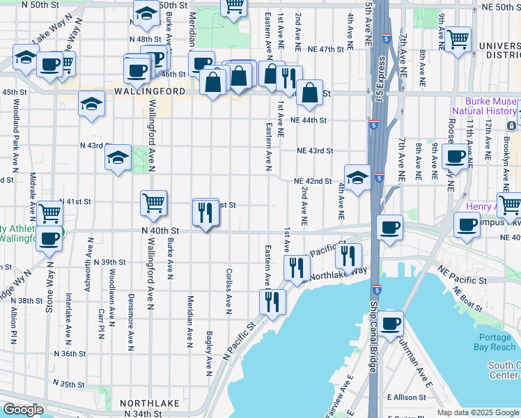 map of restaurants, bars, coffee shops, grocery stores, and more near 2413 North 41st Street in Seattle