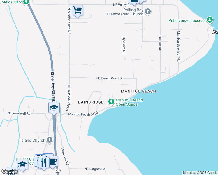 map of restaurants, bars, coffee shops, grocery stores, and more near 10001 Northeast Beach Crest Drive in Bainbridge Island