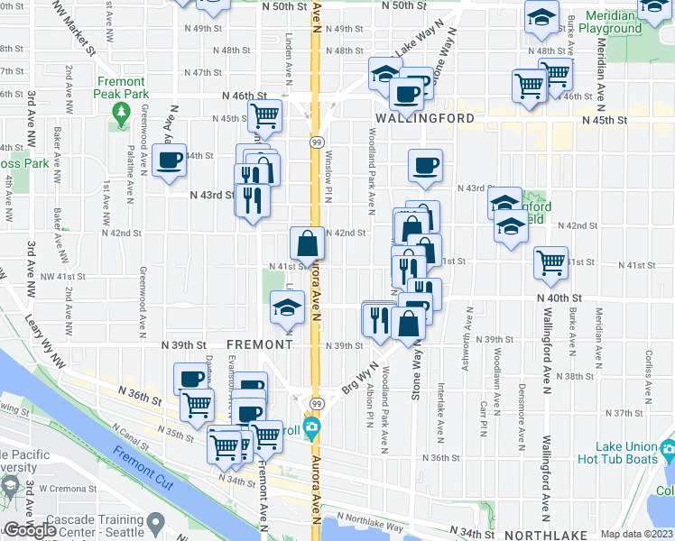 map of restaurants, bars, coffee shops, grocery stores, and more near 4039 Whitman Avenue North in Seattle