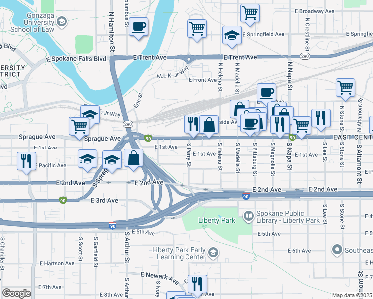 map of restaurants, bars, coffee shops, grocery stores, and more near 102 South Perry Street in Spokane