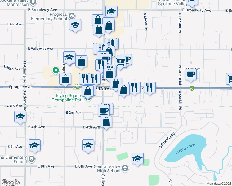map of restaurants, bars, coffee shops, grocery stores, and more near 15614 East Sprague Avenue in Spokane Valley