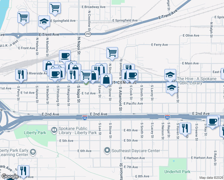 map of restaurants, bars, coffee shops, grocery stores, and more near 2301 East 1st Avenue in Spokane