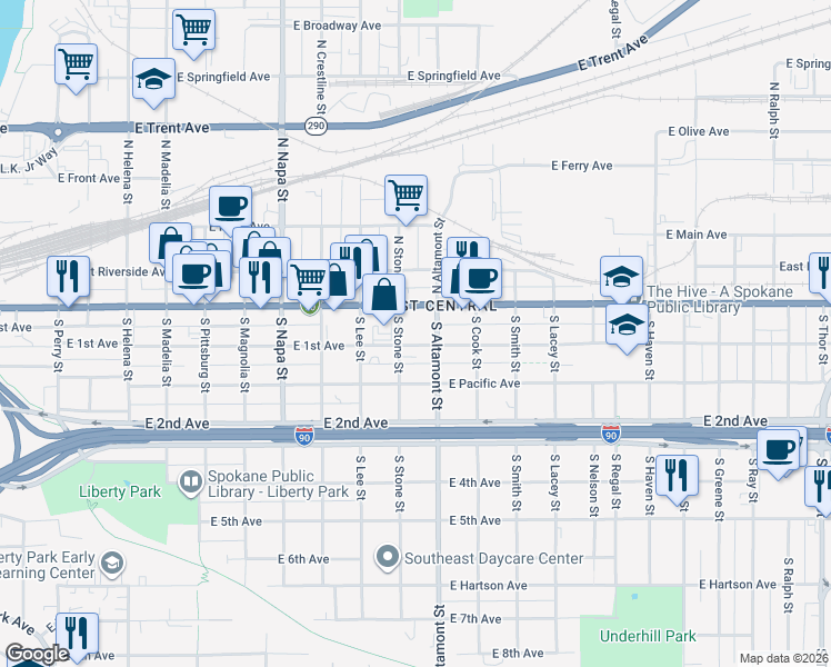map of restaurants, bars, coffee shops, grocery stores, and more near 2301 East 1st Avenue in Spokane