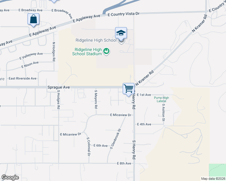 map of restaurants, bars, coffee shops, grocery stores, and more near 20020 East Sprague Avenue in Spokane County