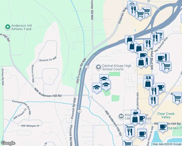 map of restaurants, bars, coffee shops, grocery stores, and more near 10229 Frontier Place Northwest in Silverdale