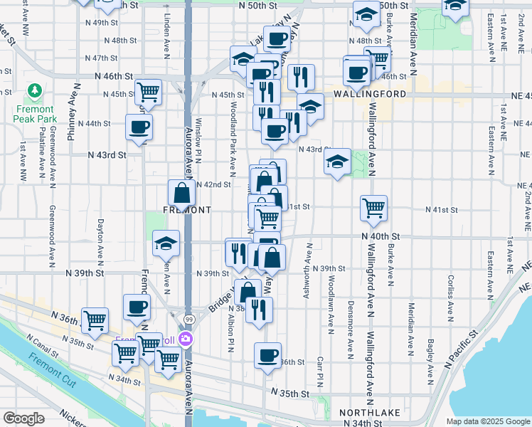 map of restaurants, bars, coffee shops, grocery stores, and more near 1211 North 41st Street in Seattle