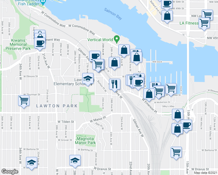 map of restaurants, bars, coffee shops, grocery stores, and more near 4051 Gilman Avenue West in Seattle