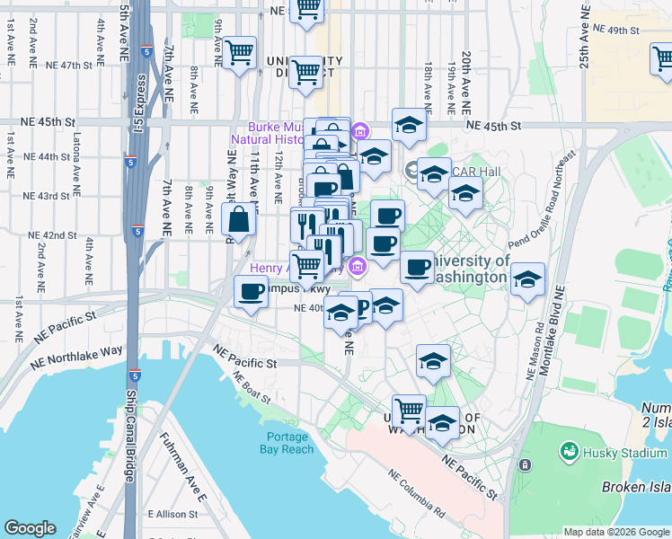 map of restaurants, bars, coffee shops, grocery stores, and more near 1410 Northeast Campus Parkway in Seattle