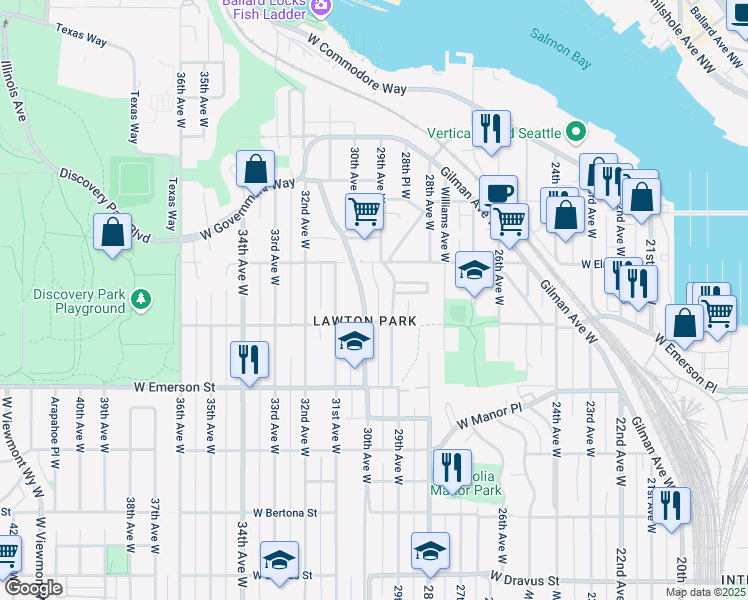 map of restaurants, bars, coffee shops, grocery stores, and more near 4020 30th Avenue West in Seattle