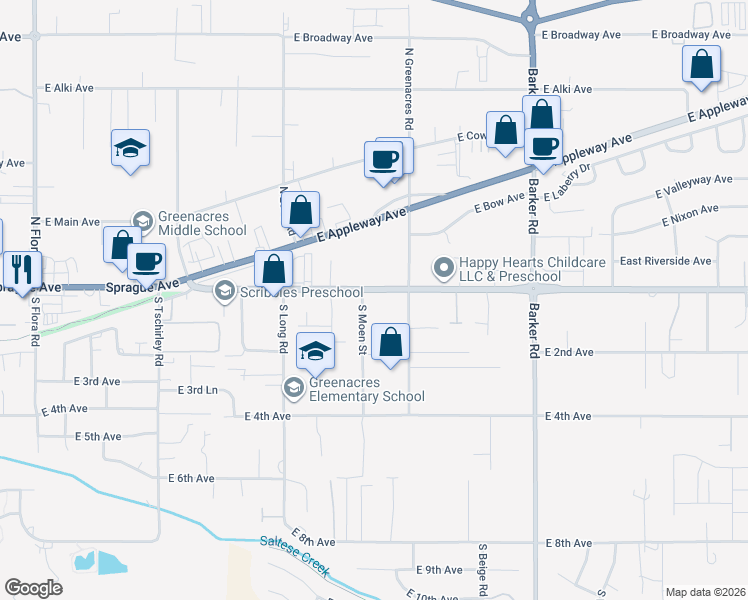 map of restaurants, bars, coffee shops, grocery stores, and more near 18120 East Sprague Avenue in Spokane Valley