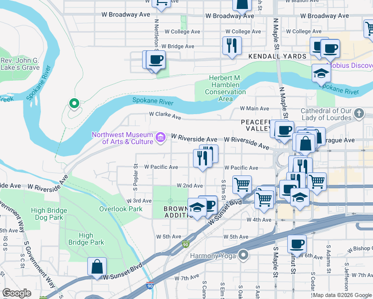 map of restaurants, bars, coffee shops, grocery stores, and more near 2124 West 1st Avenue in Spokane