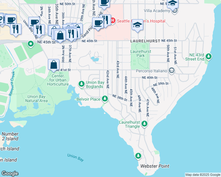 map of restaurants, bars, coffee shops, grocery stores, and more near 3811 42nd Avenue Northeast in Seattle