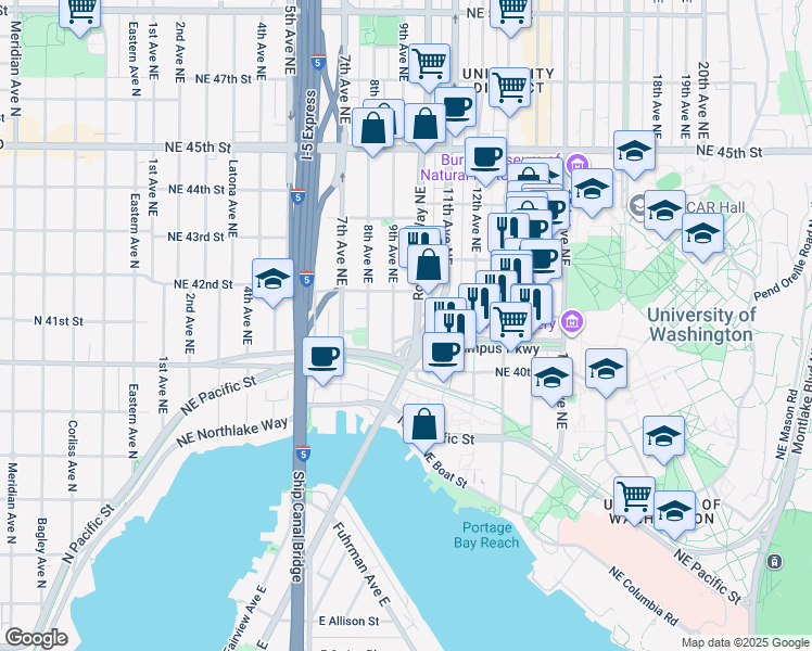map of restaurants, bars, coffee shops, grocery stores, and more near 4039 9th Avenue Northeast in Seattle