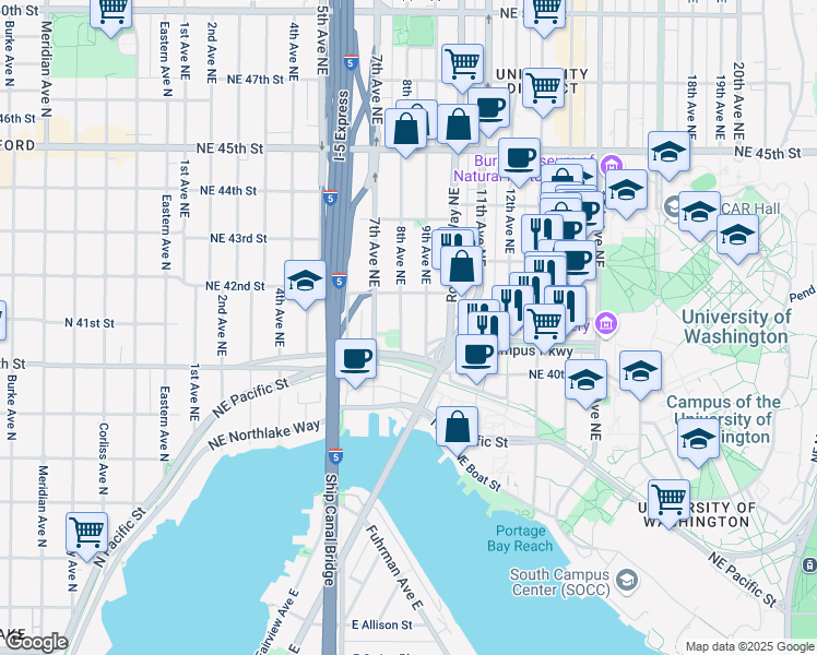 map of restaurants, bars, coffee shops, grocery stores, and more near 4039 9th Avenue Northeast in Seattle