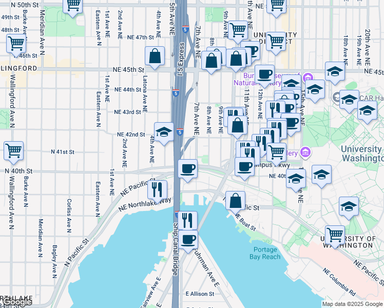 map of restaurants, bars, coffee shops, grocery stores, and more near in Seattle