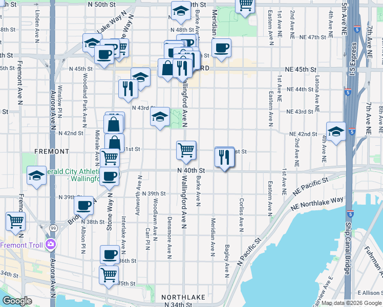 map of restaurants, bars, coffee shops, grocery stores, and more near 4027 Burke Avenue North in Seattle