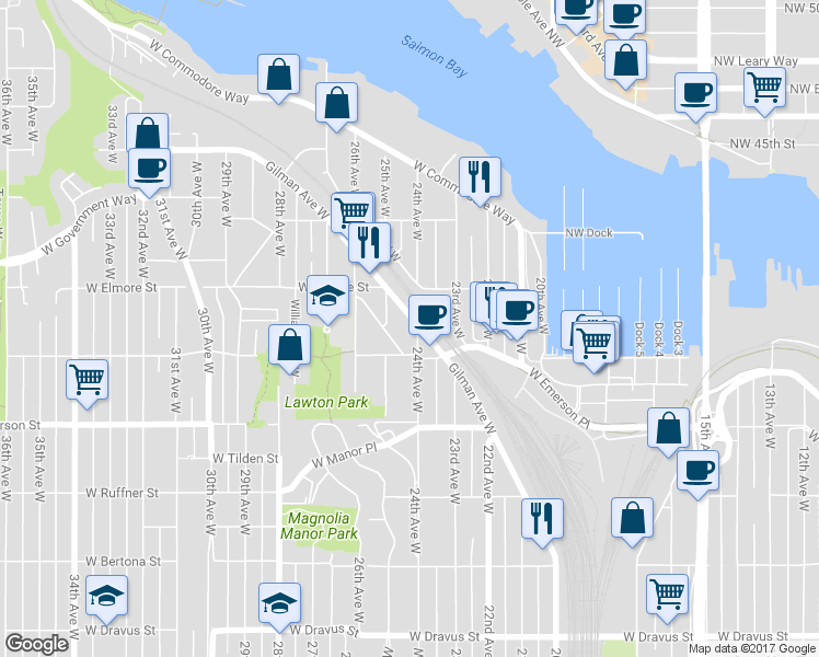 map of restaurants, bars, coffee shops, grocery stores, and more near 4051 Gilman Avenue West in Seattle