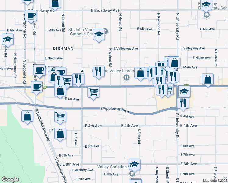 map of restaurants, bars, coffee shops, grocery stores, and more near 10006 East Sprague Avenue in Spokane Valley