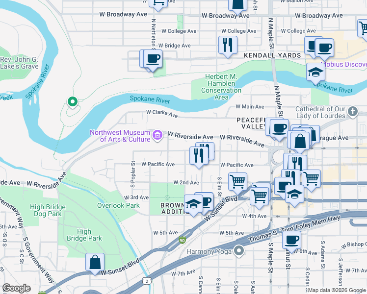 map of restaurants, bars, coffee shops, grocery stores, and more near 2124 West 1st Avenue in Spokane