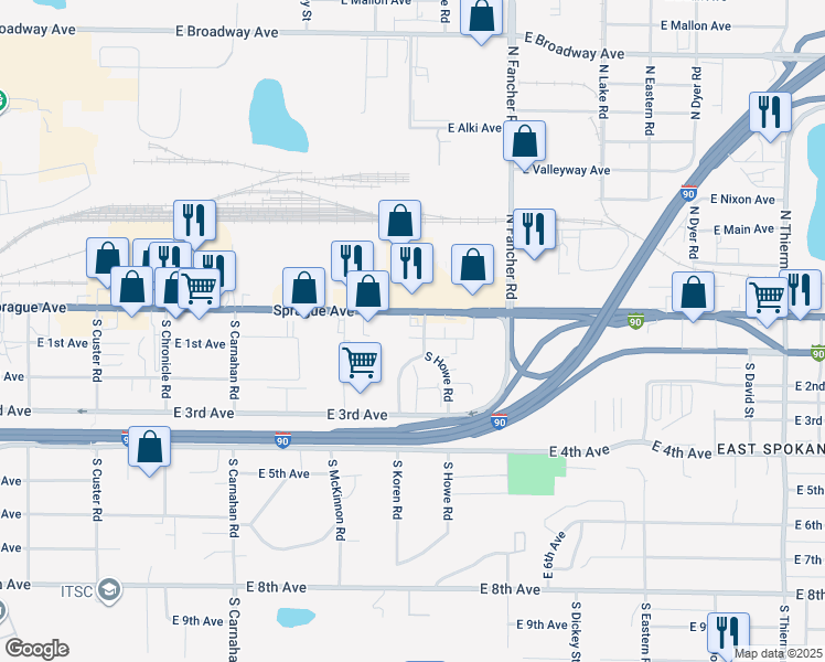 map of restaurants, bars, coffee shops, grocery stores, and more near 5522 East Sprague Avenue in Spokane Valley
