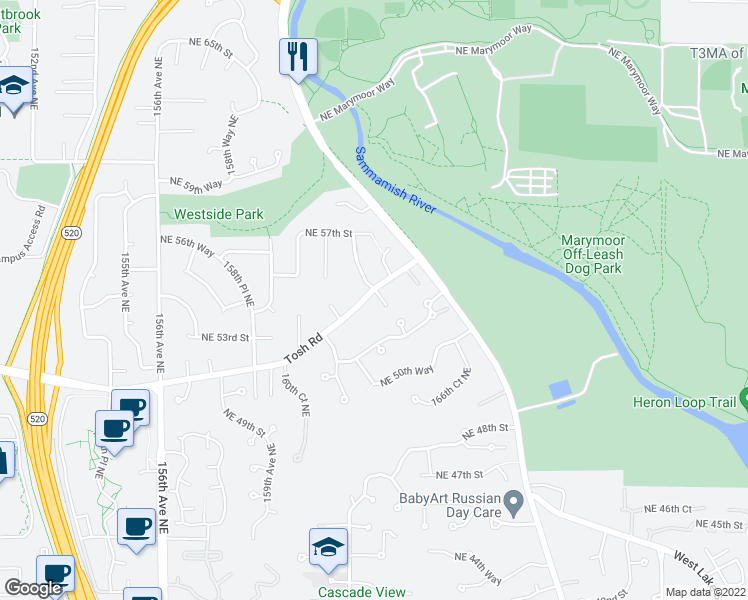 map of restaurants, bars, coffee shops, grocery stores, and more near 16235 Northeast 51st Street in Redmond