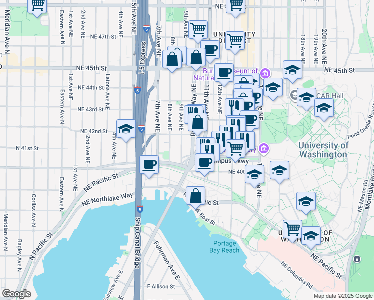 map of restaurants, bars, coffee shops, grocery stores, and more near 4039 9th Avenue Northeast in Seattle