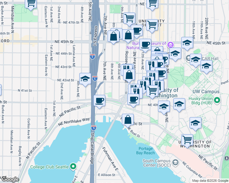 map of restaurants, bars, coffee shops, grocery stores, and more near 4039 9th Avenue Northeast in Seattle