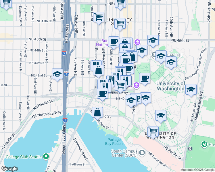 map of restaurants, bars, coffee shops, grocery stores, and more near 1100 Northeast Campus Parkway in Seattle