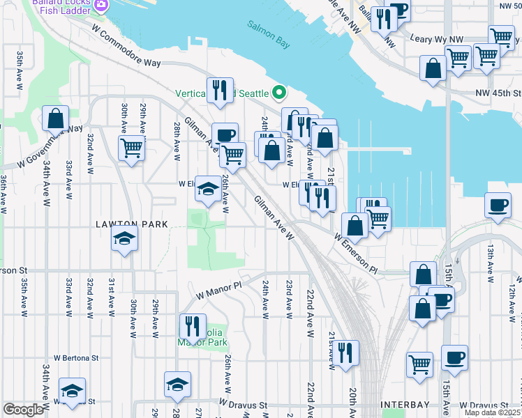 map of restaurants, bars, coffee shops, grocery stores, and more near 4051 Gilman Avenue West in Seattle