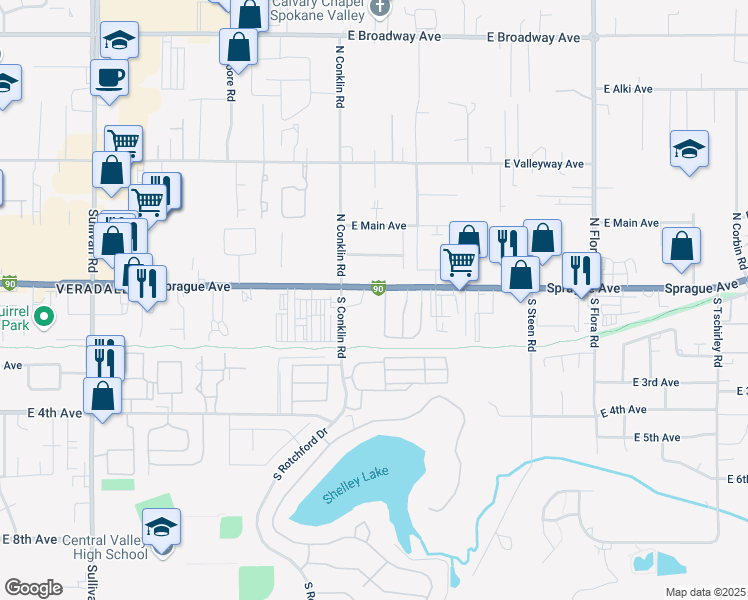 map of restaurants, bars, coffee shops, grocery stores, and more near 16412 East Sprague Avenue in Spokane Valley
