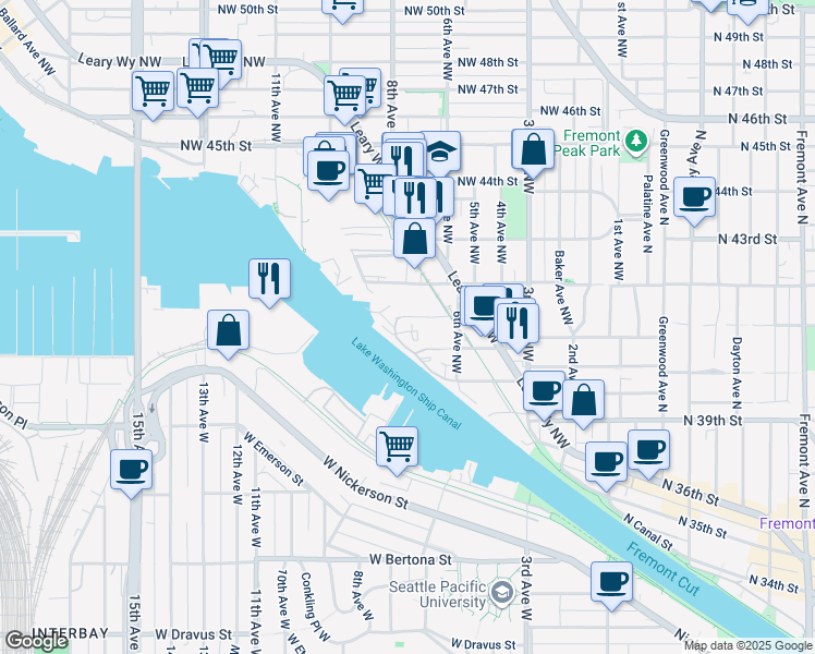 map of restaurants, bars, coffee shops, grocery stores, and more near 653 NW 41st St in Seattle